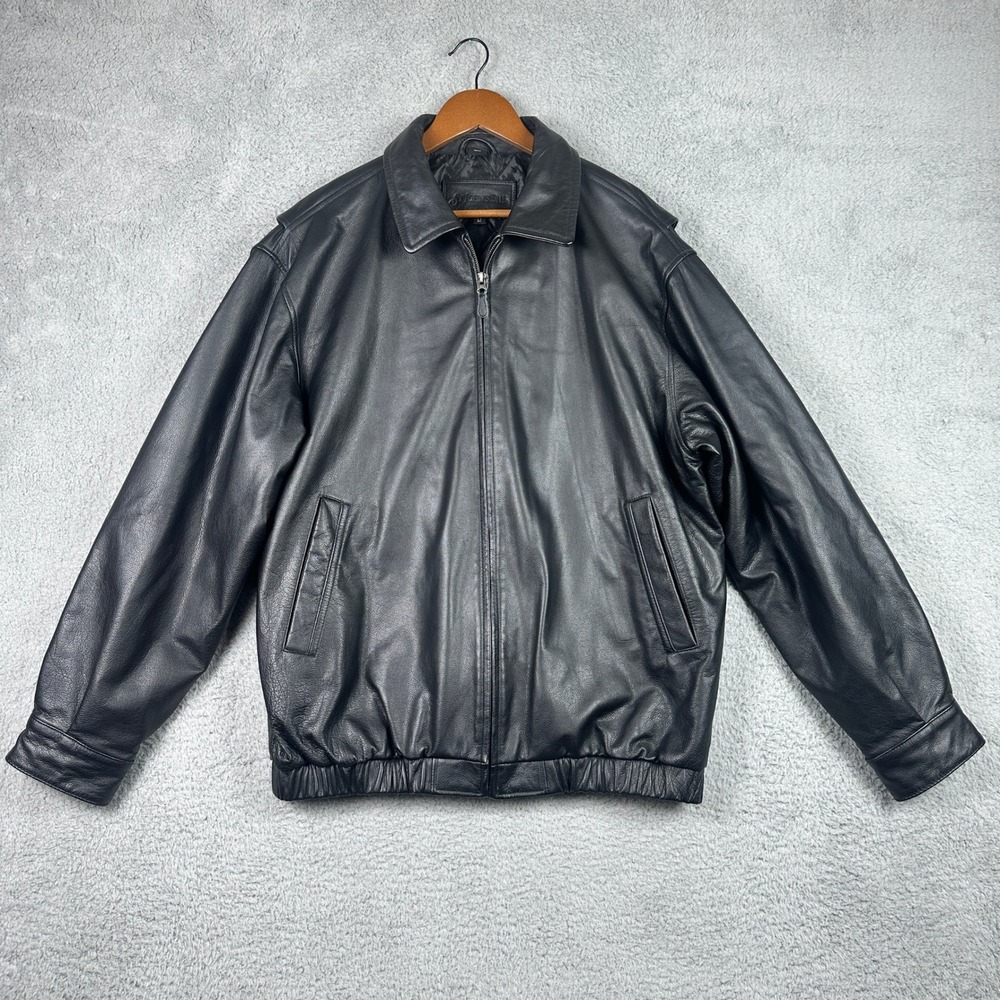 St. Johns Bay Nappa Leather Vintage Bomber Jacket Mens Large Tall LT Black Soft